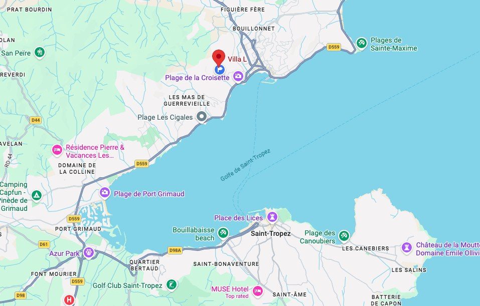 Google Maps view of the Gulf of Saint-Tropez with Villa L pinned near Plage de la Croisette, Sainte-Maxime